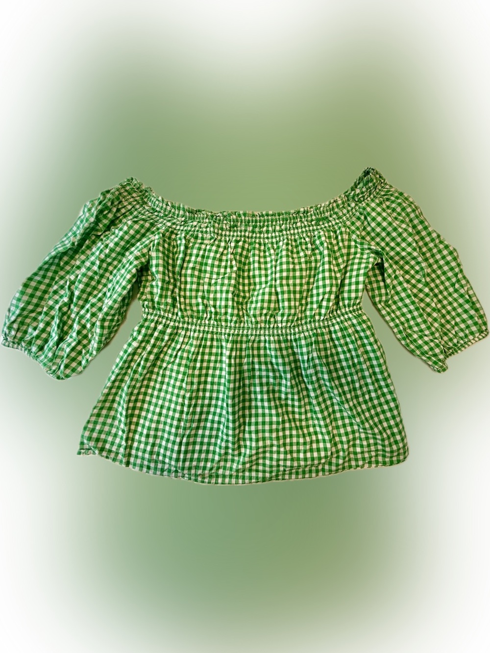 New York & Company Green and White Gingham Smocked Top